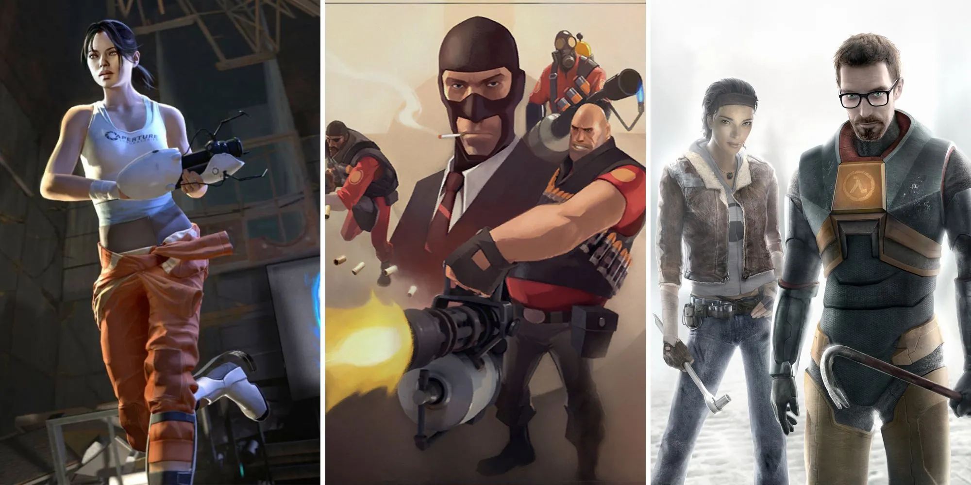 Ảnh tổng hợp các game trong The Orange Box: Portal 1, Team Fortress 2, Half-Life 2