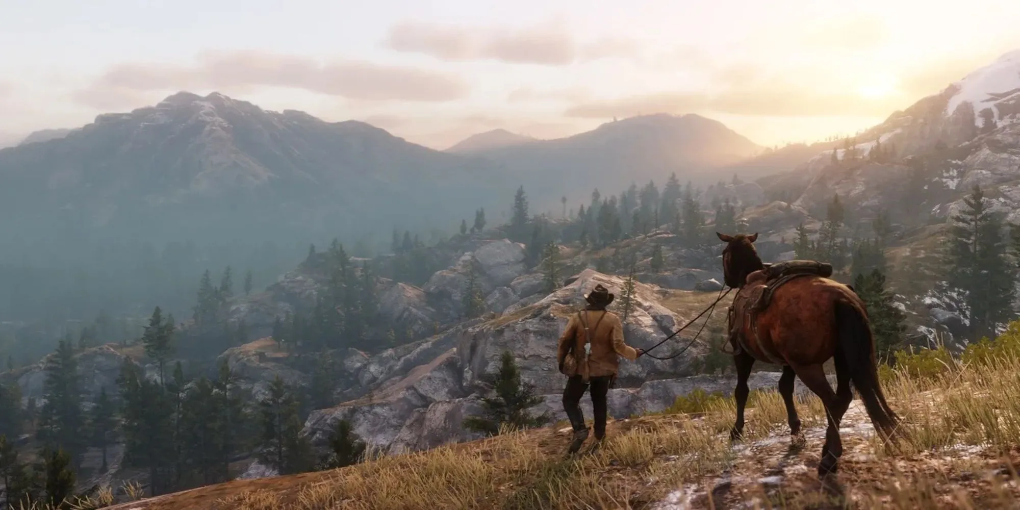Arthur Morgan cưỡi ngựa băng qua thung lũng New Hanover trong Red Dead Redemption 2