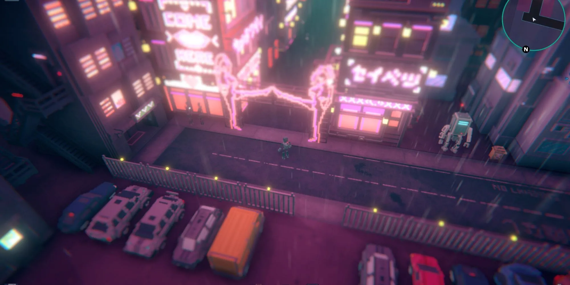 Bãi đậu xe vắng lặng trong game Soul Tolerance với đồ họa voxel