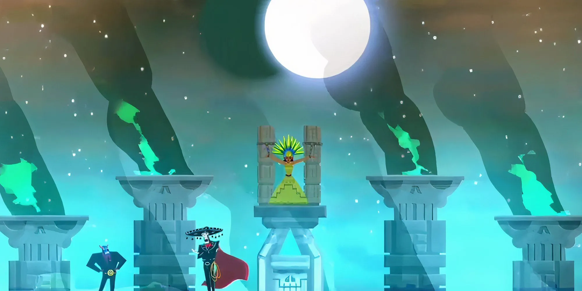 Boss Calaca trong Guacamelee cùng Juan và Lupita tại bàn thờ
