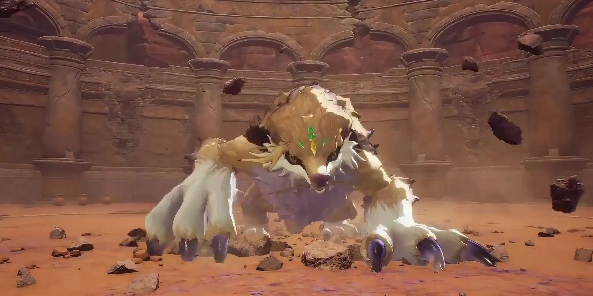 Boss Jewel Eater trong Visions of Mana đang trồi lên từ mặt đất.