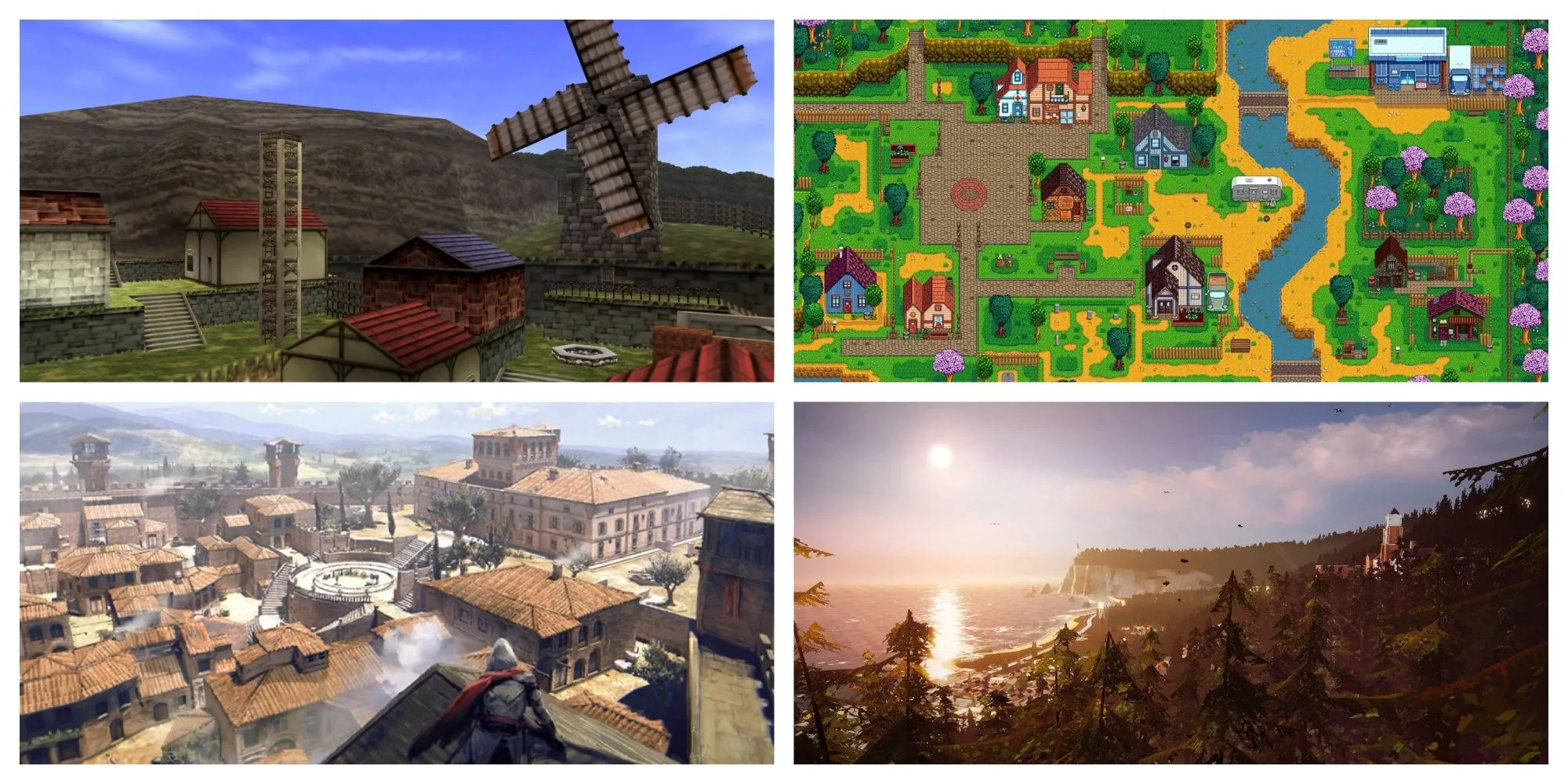 Các thị trấn nhỏ mang tính biểu tượng trong game như Kakariko Village (Zelda), Pelican Town (Stardew Valley), Monteriggioni (Assassin's Creed 2), Arcadia Bay (Life is Strange)
