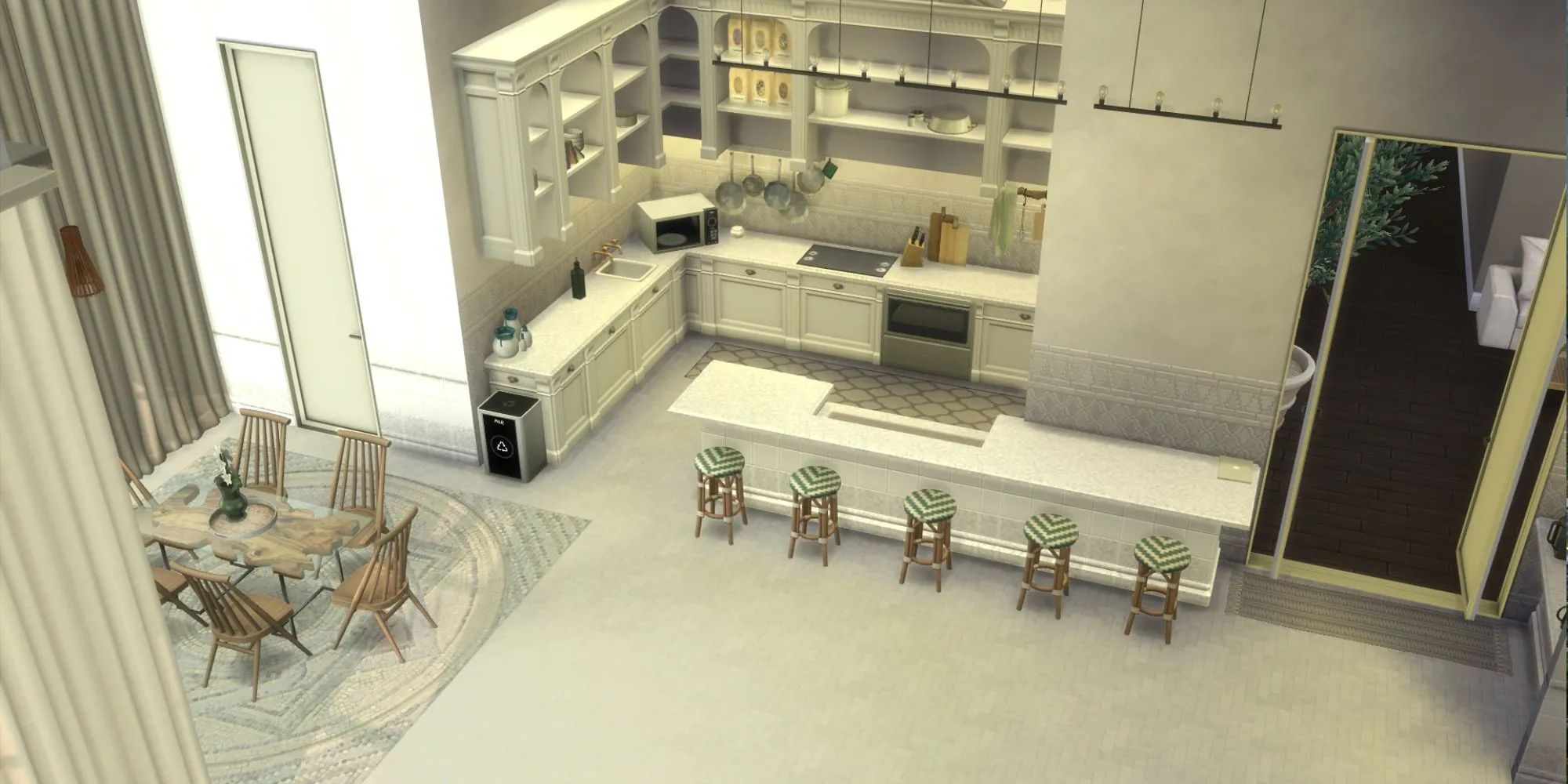 Căn bếp đầy đủ tiện nghi trong The Sims 4, nơi các vật thể chứa AI điều khiển hành vi và nhu cầu của Sim.