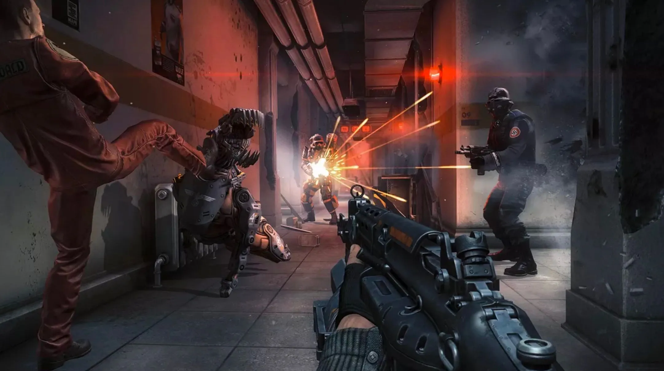 Cảnh chiến đấu đầy kịch tính trong Wolfenstein: The New Order, tựa game FPS hồi sinh thương hiệu kinh điển bởi Machine Games
