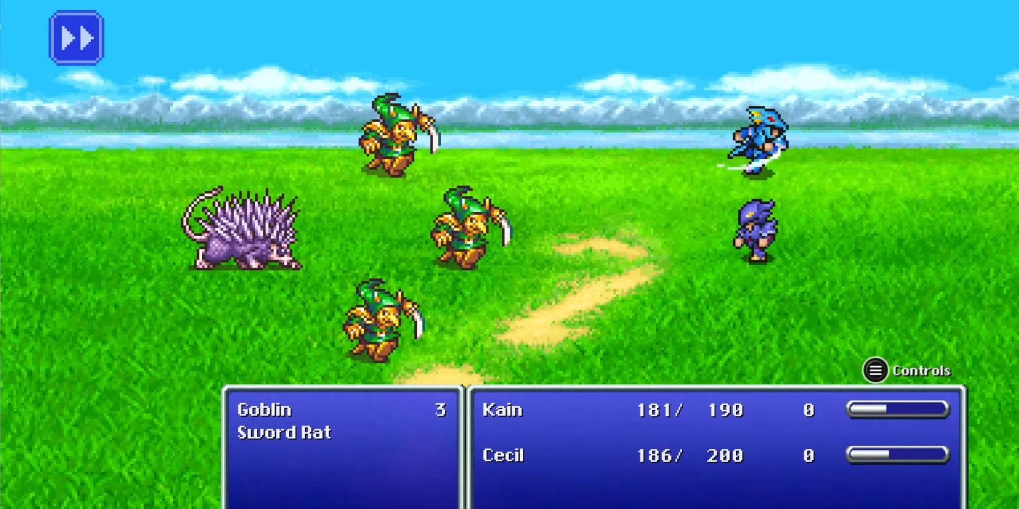 Cảnh chiến đấu ngẫu nhiên trong Final Fantasy IV, minh họa cơ chế Active Time Battle (ATB) kinh điển của Square Enix.