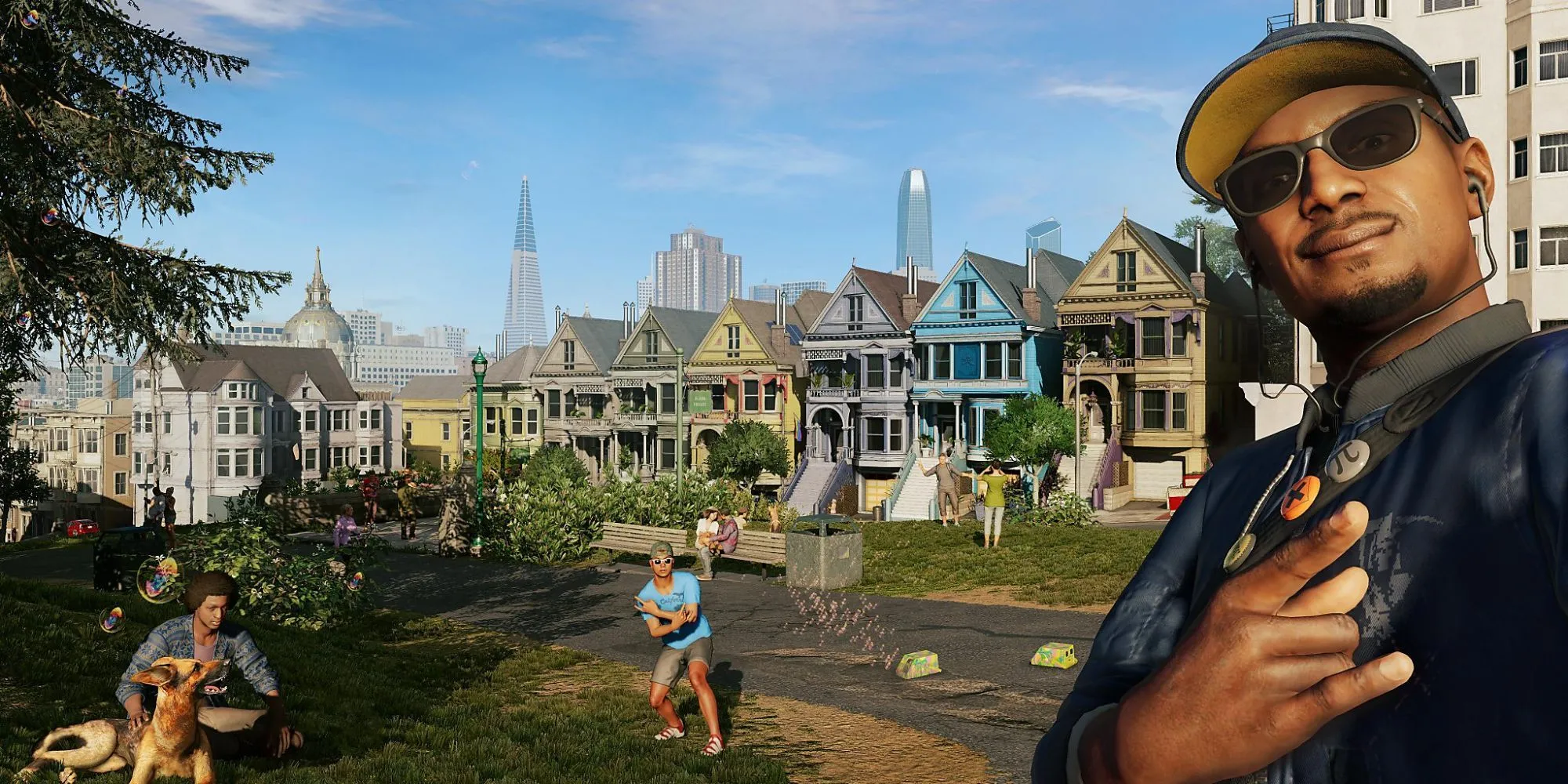 Cảnh đường phố San Francisco đầy màu sắc trong Watch Dogs 2, một thành phố game thế giới mở.