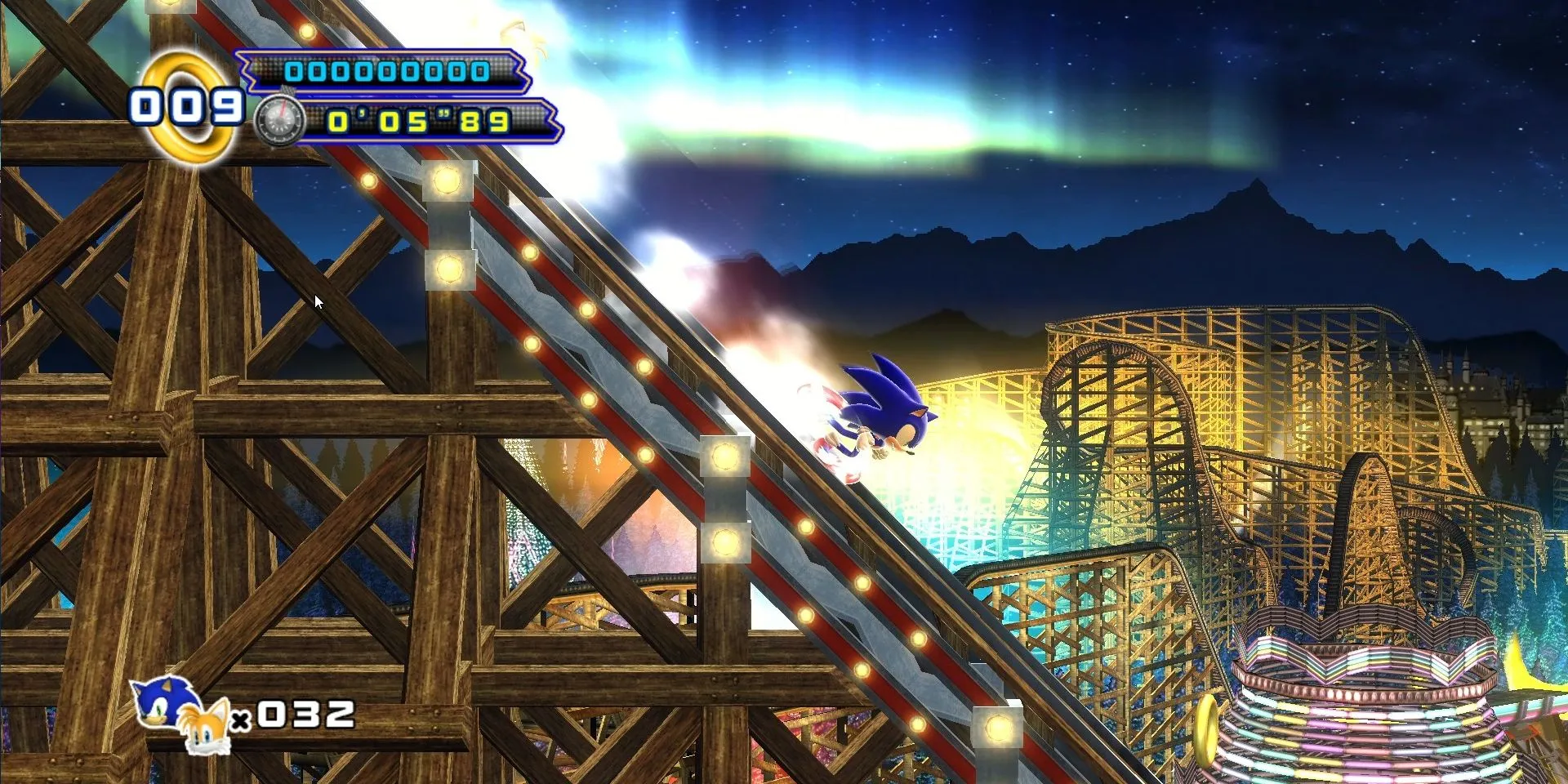 Cảnh game Sonic 4 Episode 2, với Sonic đang chạy xuống một đường ray tàu lượn siêu tốc