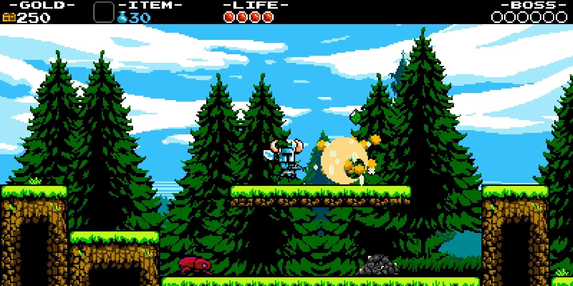 Cảnh gameplay Shovel Knight với nhân vật chính đang tấn công bằng xẻng