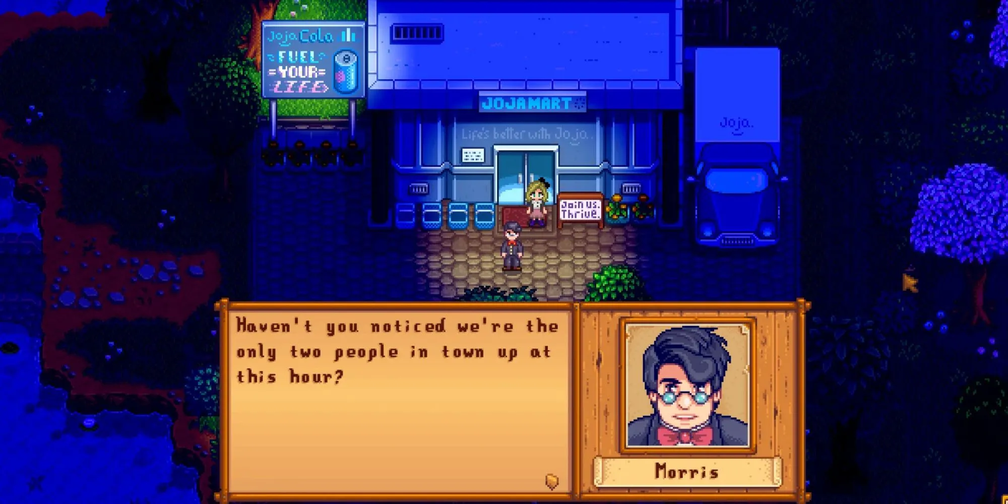 Cảnh Morris trong sự kiện Heart Event ban đêm trong mod Stardew Valley Expanded