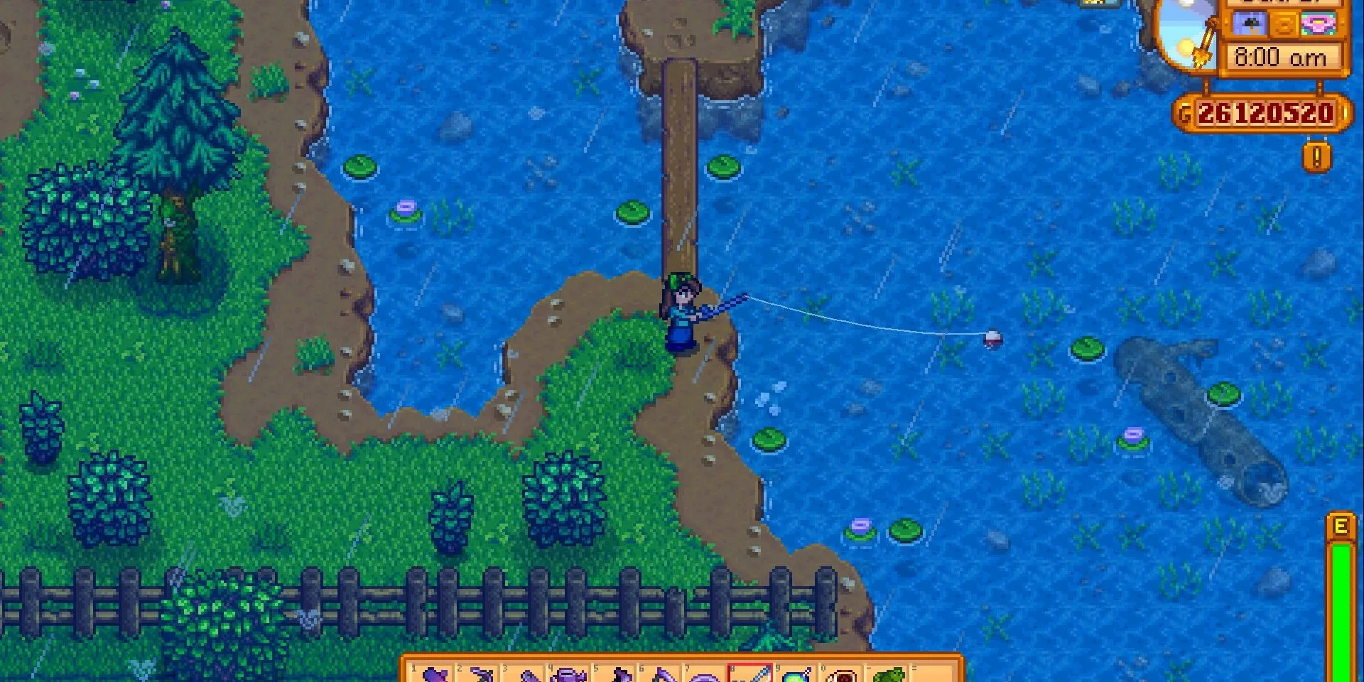 Cảnh người chơi đang câu cá Legend trong hồ nước game Stardew Valley