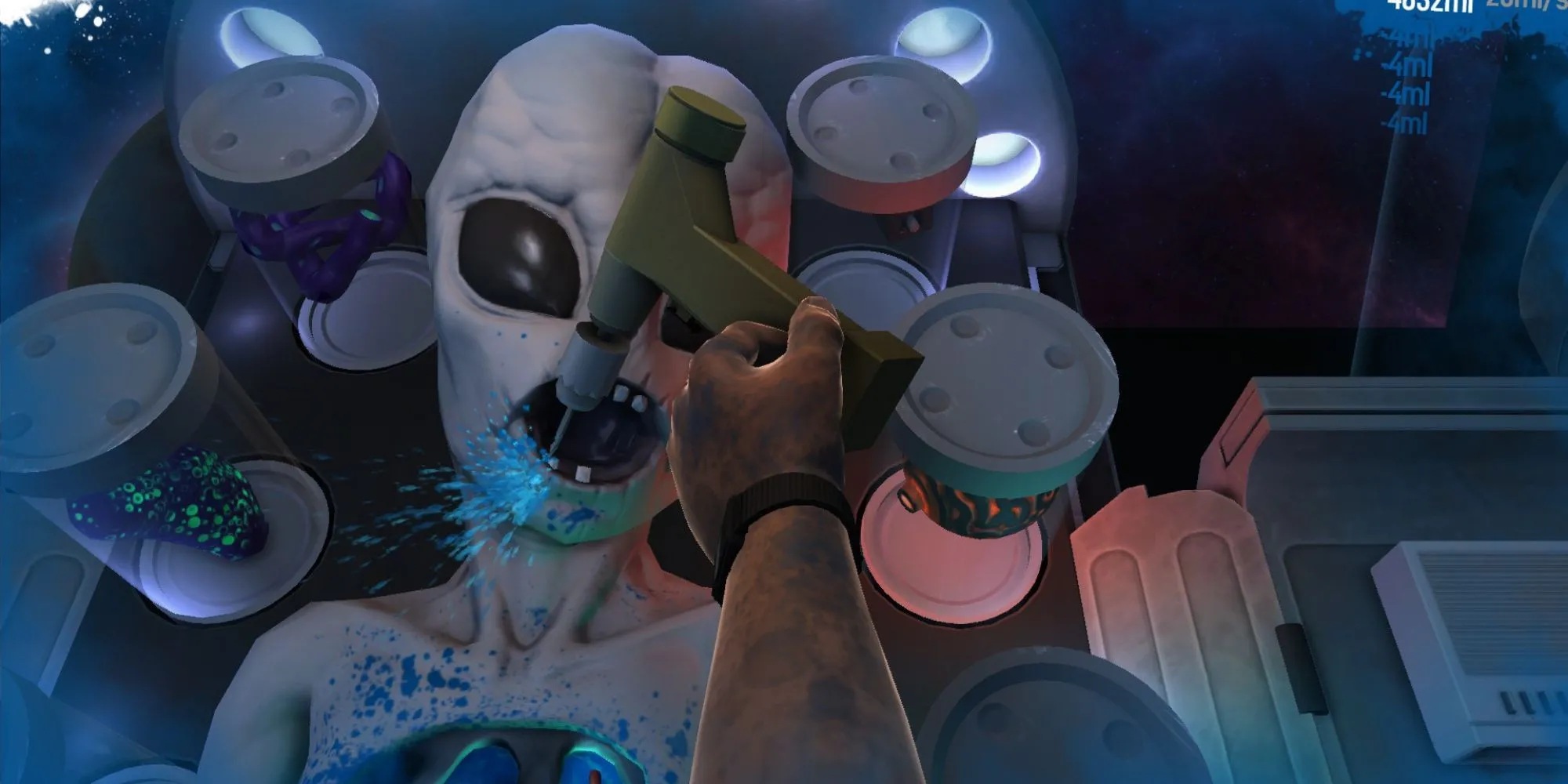 Cảnh phẫu thuật đầy hỗn loạn trong Surgeon Simulator, với các dụng cụ y tế rơi vãi và bàn tay vụng về của người chơi.