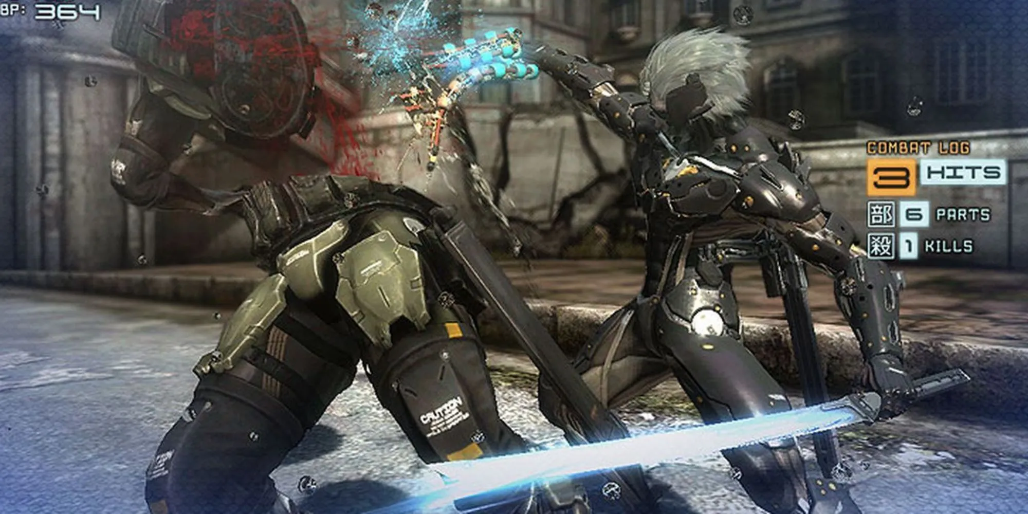 Cảnh Raiden trong Metal Gear Rising: Revengeance dùng kiếm tần số cao chém đôi một Metal Gear RAY.