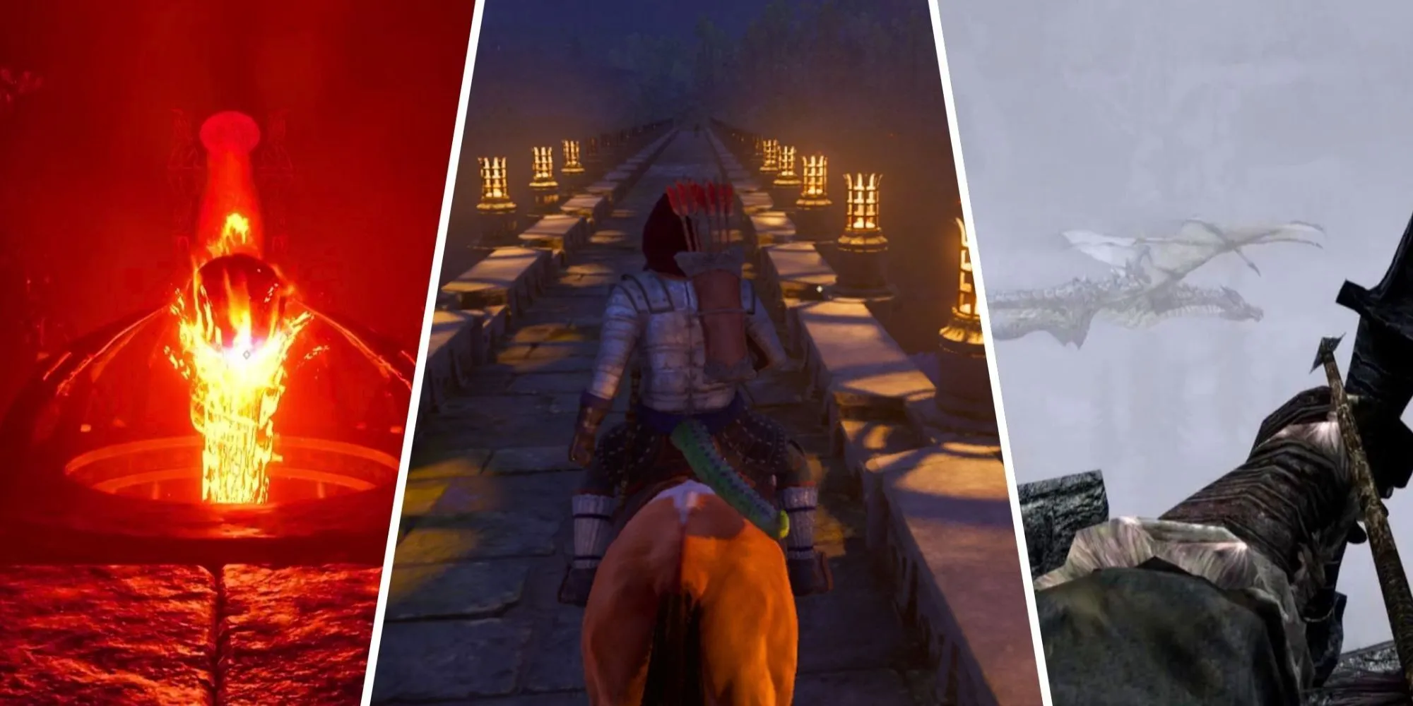Cảnh so sánh giữa Oblivion Remastered và Skyrim, hiển thị Sigil Stone, người cưỡi ngựa qua cầu và cung thủ nhắm rồng.