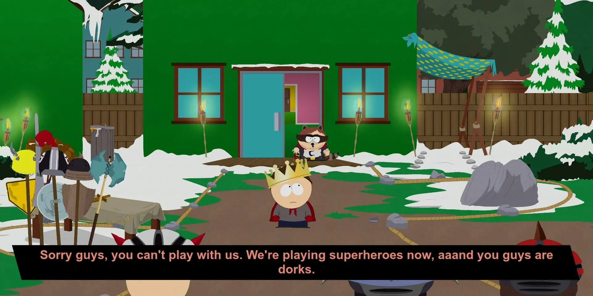 Cartman trong vai The Coon bắt New Kid và nhóm bạn chuyển từ fantasy sang siêu anh hùng trong South Park: The Fractured But Whole