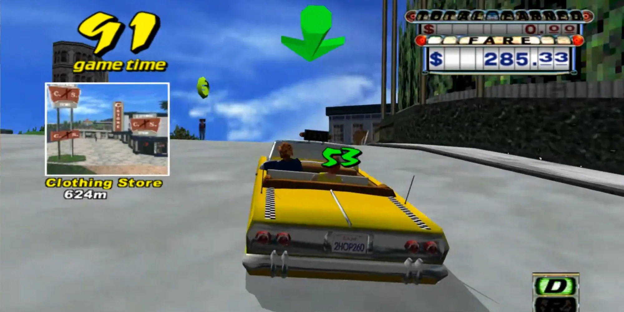 Chiếc taxi đang di chuyển theo mũi tên chỉ hướng nổi trong game Crazy Taxi, một cơ chế được Sega cấp bằng sáng chế và gây tranh cãi.