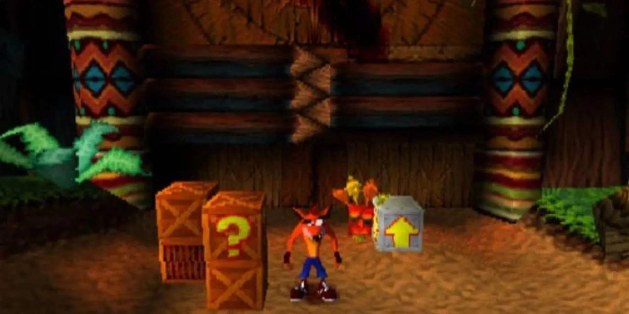 Crash Bandicoot và Aku Aku trong bối cảnh game platform cổ điển, camera cố định