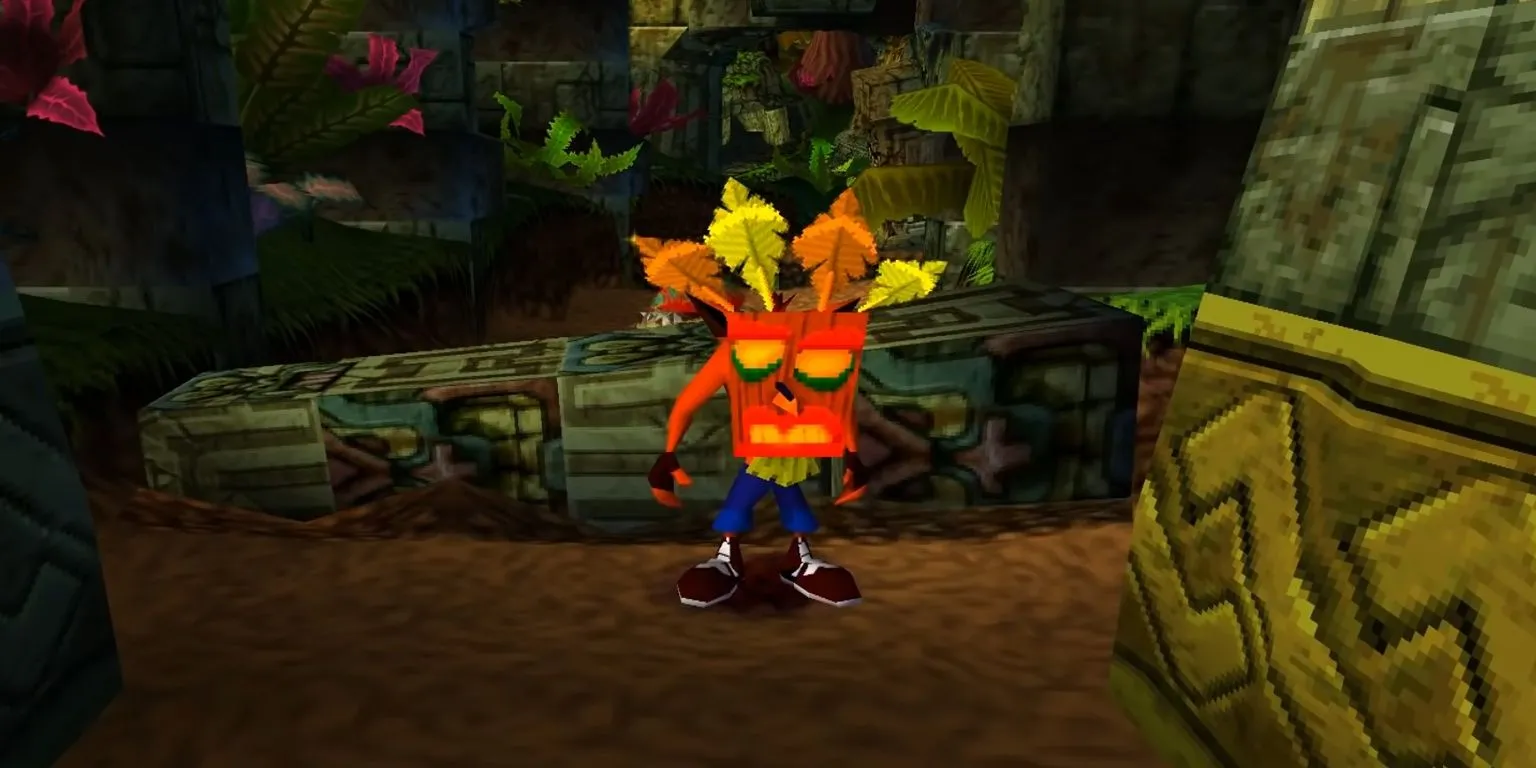Crash đeo mặt nạ Aku Aku trong Crash Bandicoot.