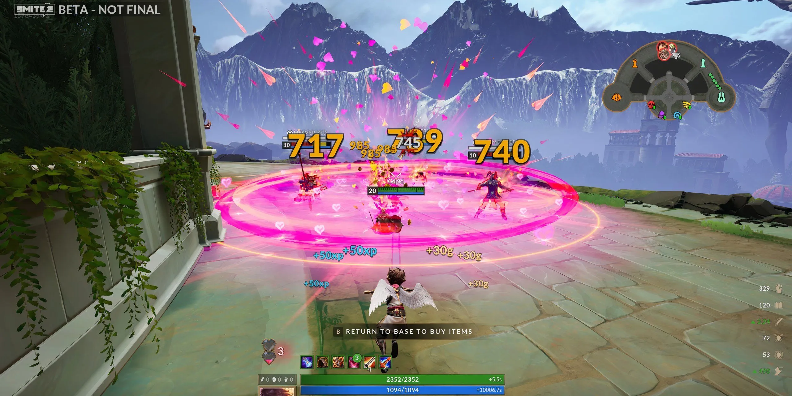 Cupid bắn trúng một nhóm vị thần địch bằng chiêu cuối Fields Of Love trong SMITE 2