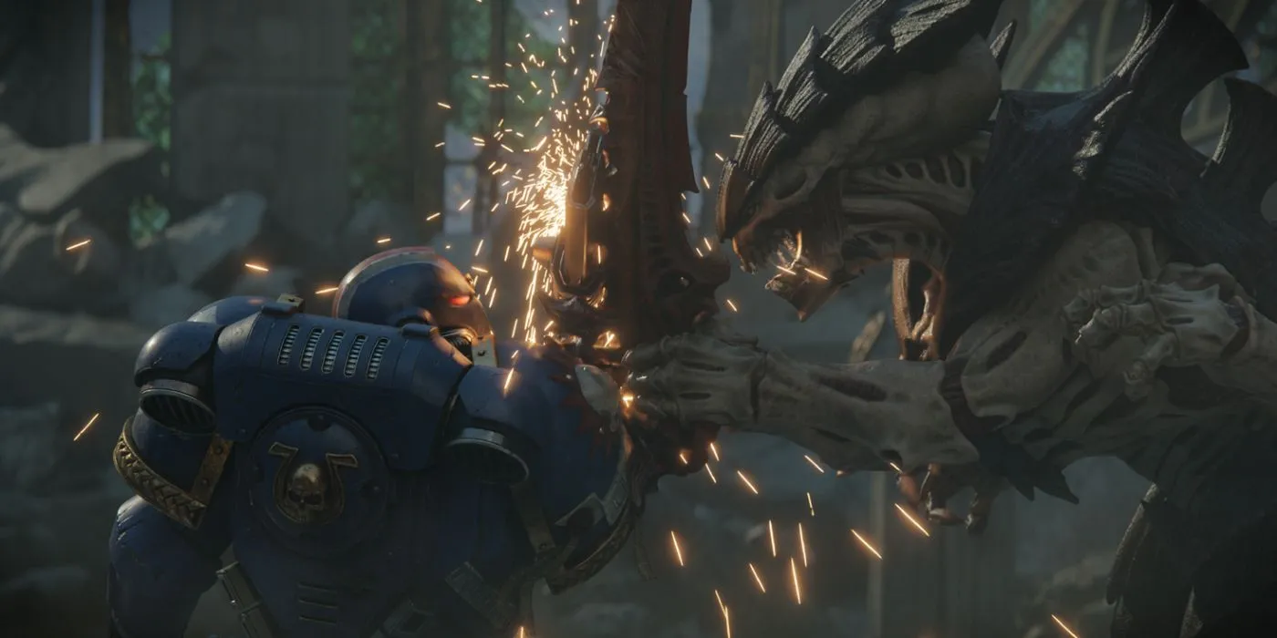 Đội trưởng Titus chiến đấu với Tyranid trong đoạn giới thiệu Space Marine 2, khoác bộ giáp xanh của Ultramarines.