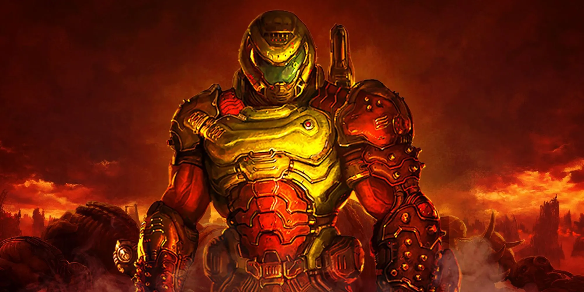 Doom Slayer với bộ giáp Praetor Suit xanh lá cây đặc trưng, sẵn sàng chiến đấu.