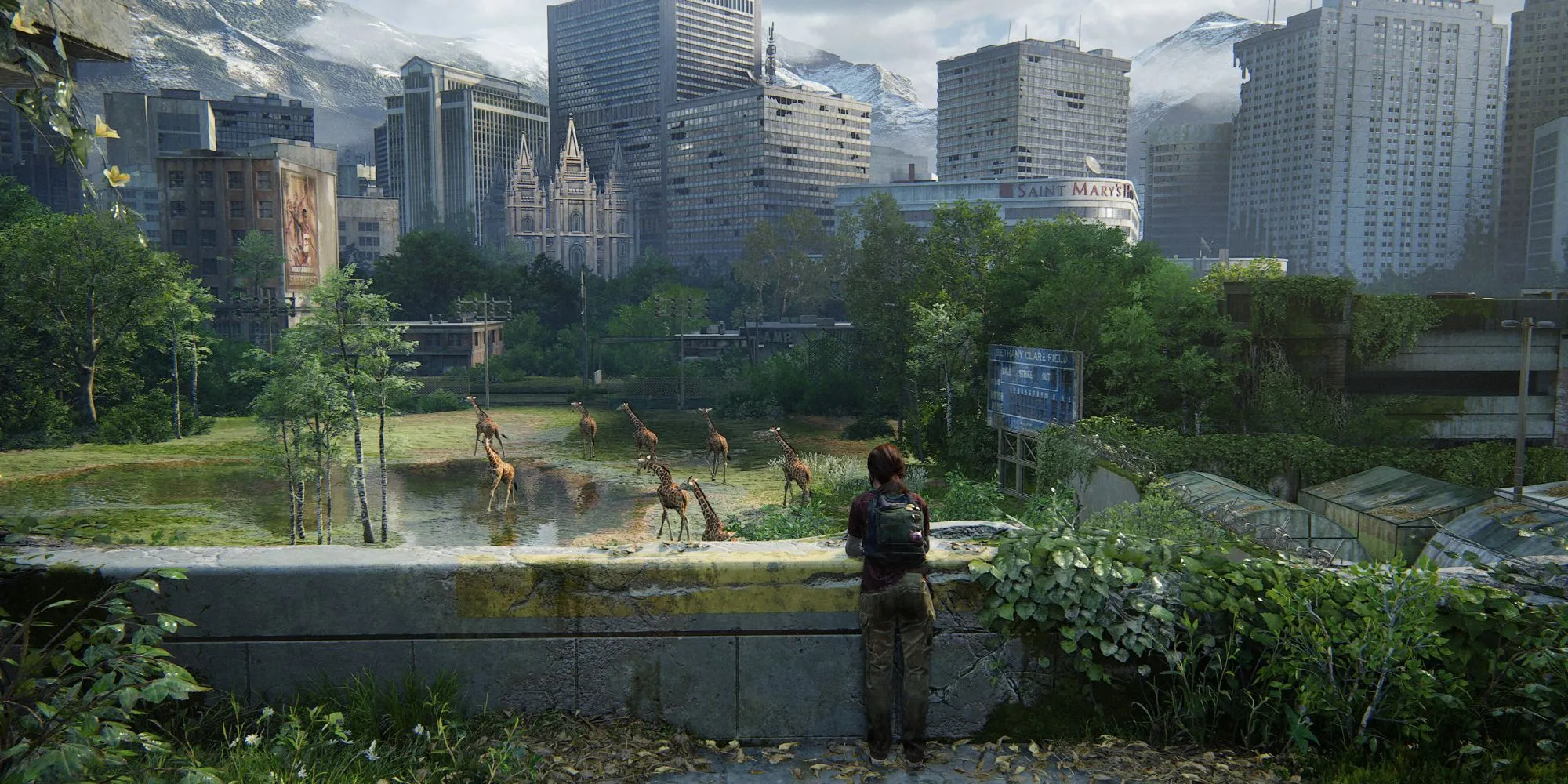 Ellie nhìn ra một công viên trong The Last of Us Part I, game sinh tồn nổi tiếng với AI kẻ địch nhạy bén theo giác quan.