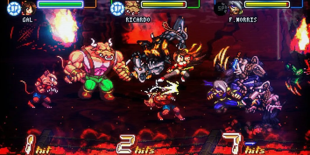 Gameplay ba người chơi trong Fight’N Rage với hiệu ứng màn hình cong CRT