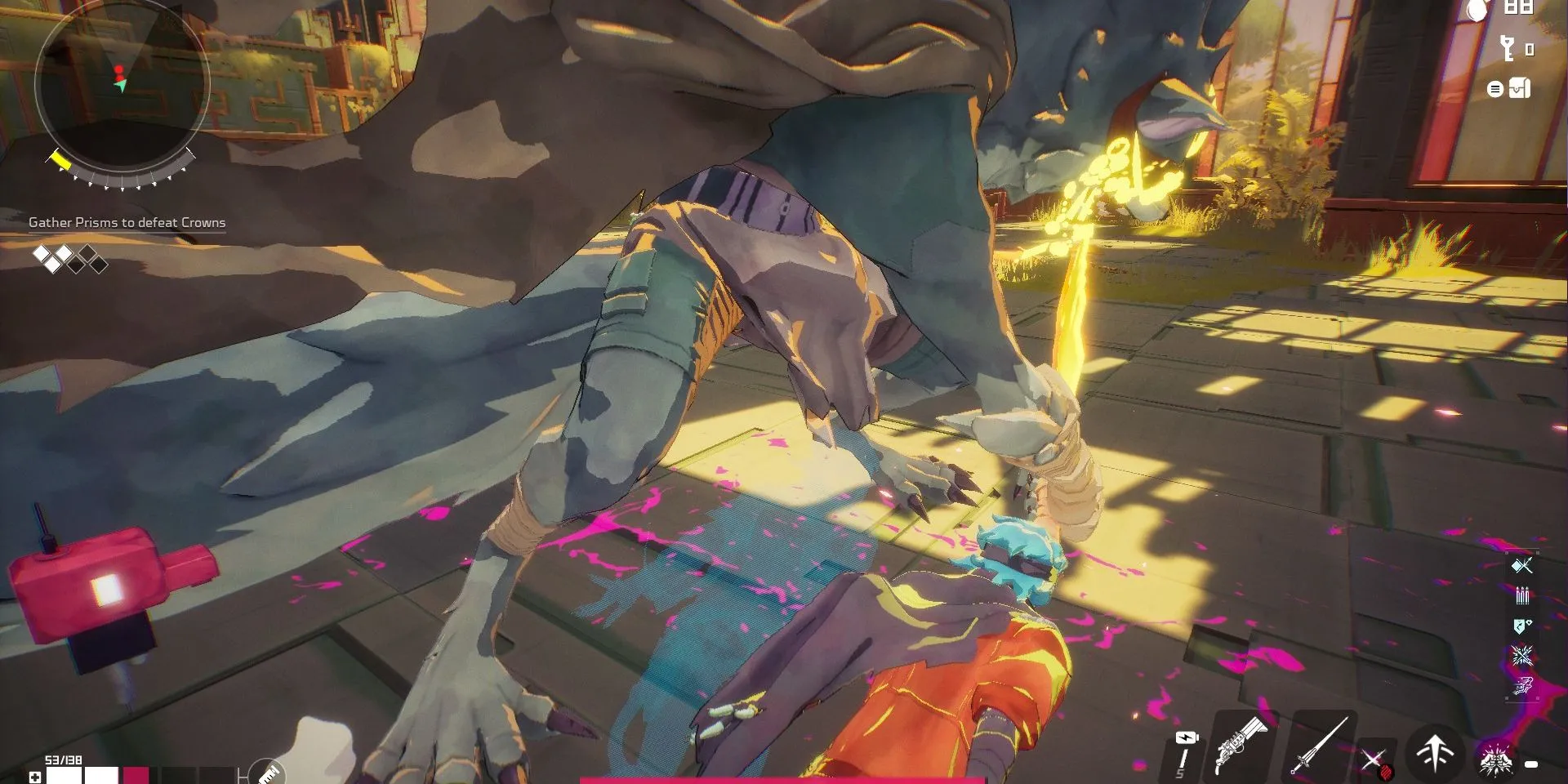 Gameplay chiến đấu với boss Crown of Tears cùng đàn chó quấy nhiễu trong Hyper Light Breaker