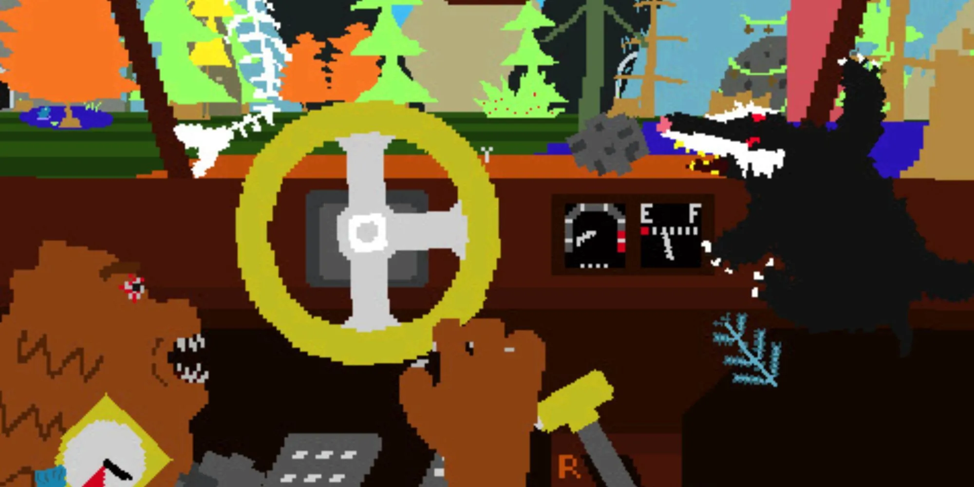 Gấu lái xe trong Enviro-Bear 2000 đang cố gắng điều khiển vô lăng bằng một chân, thể hiện gameplay vật lý hài hước và khó khăn.