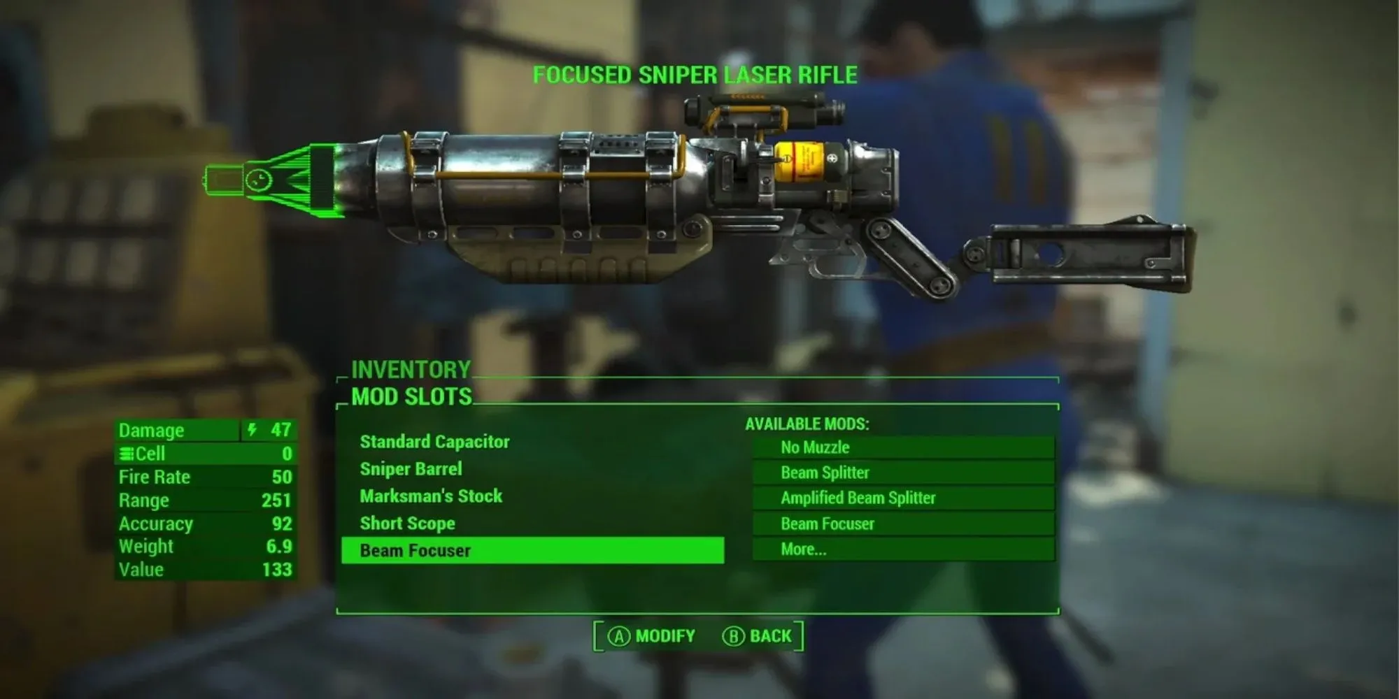 Giao diện chế tạo vũ khí tại bàn workbench trong Fallout 4