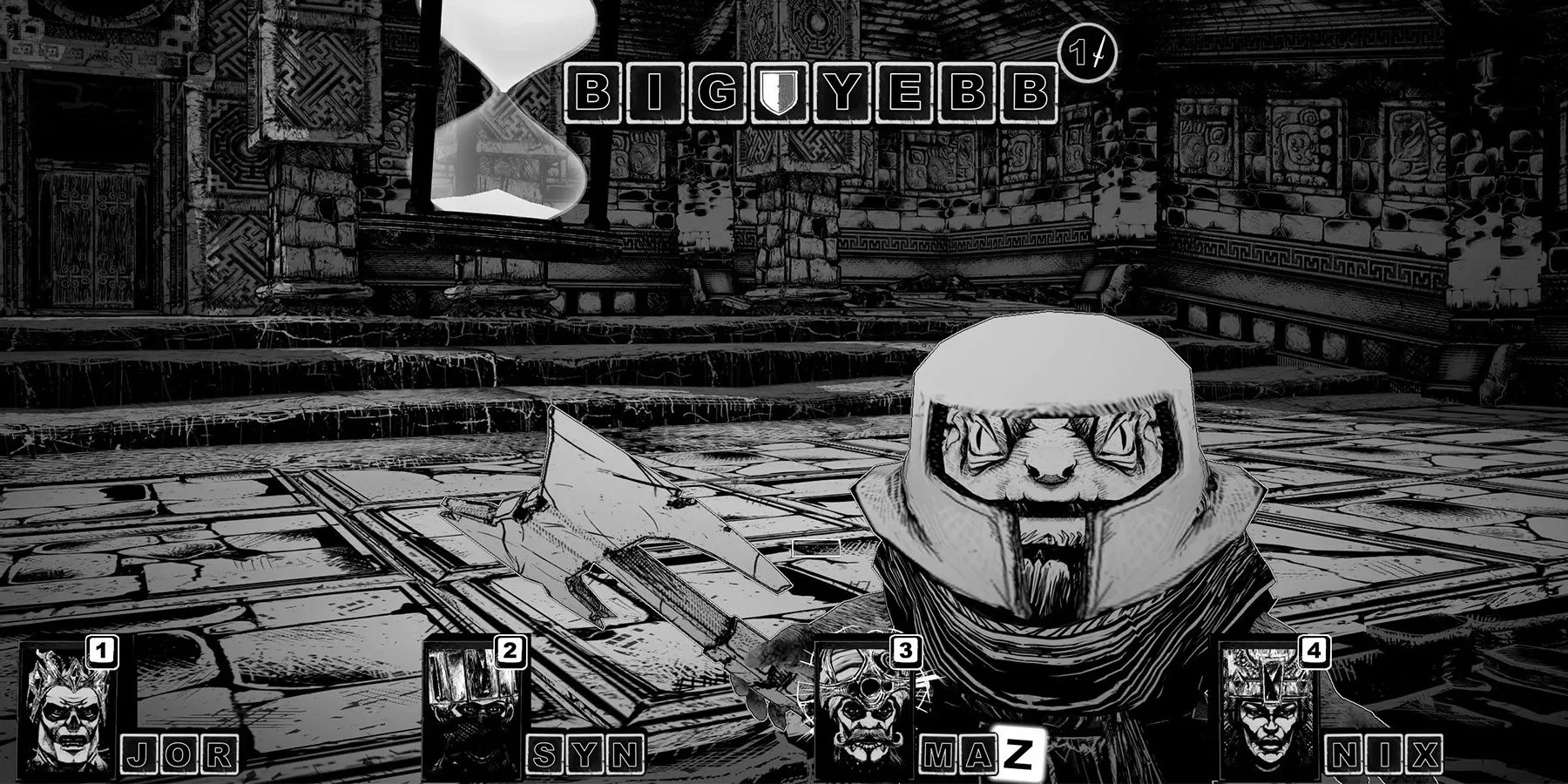 Giao diện chiến đấu dựa trên văn bản trong game dungeon crawler Cryptmaster đồ họa đơn sắc