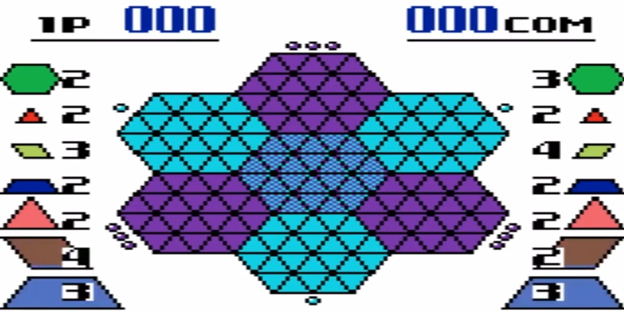 Giao diện lưới lục giác và các khối hình trong game giải đố Hexcite: The Shapes of Victory trên Game Boy Color