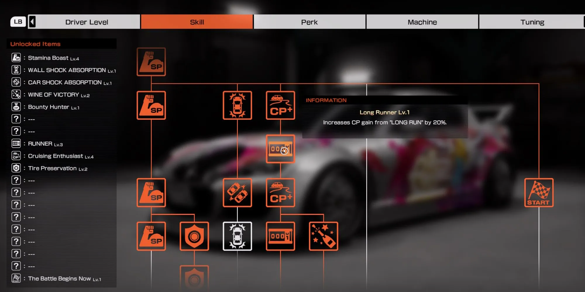 Giao diện menu kỹ năng (Skills) trong Tokyo Xtreme Racer