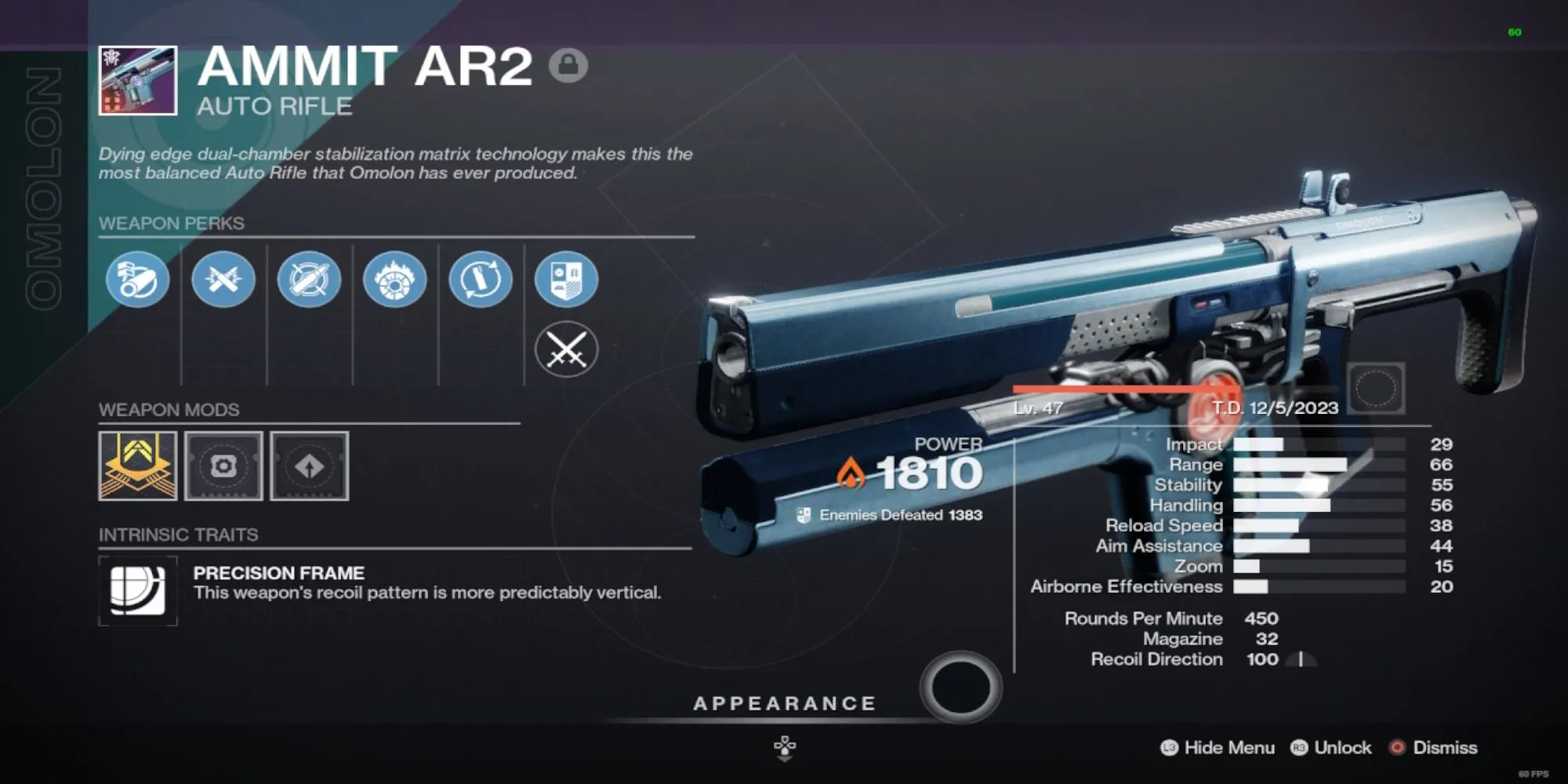 Giao diện Shaping (chế tạo) vũ khí Ammit AR2 trong Destiny 2