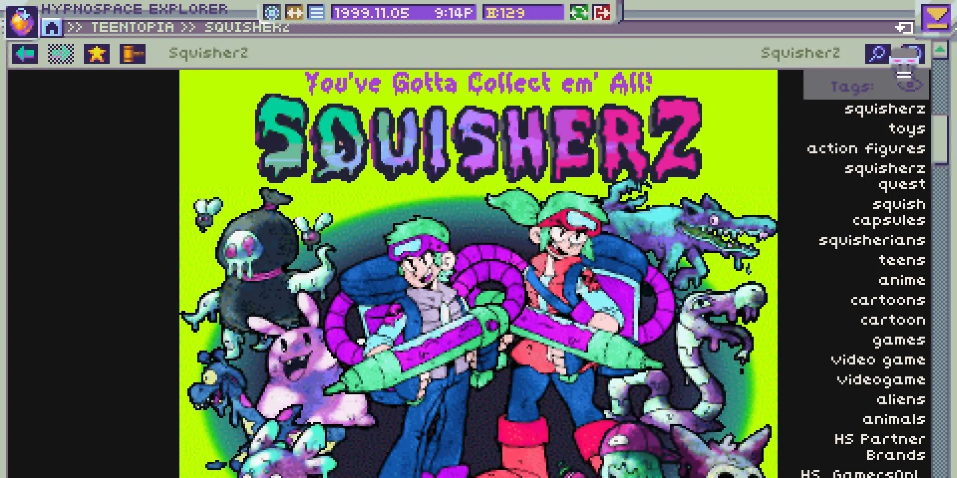 Giao diện trang Squisherz trong game Hypnospace Outlaw, mô phỏng internet cuối thập niên 90