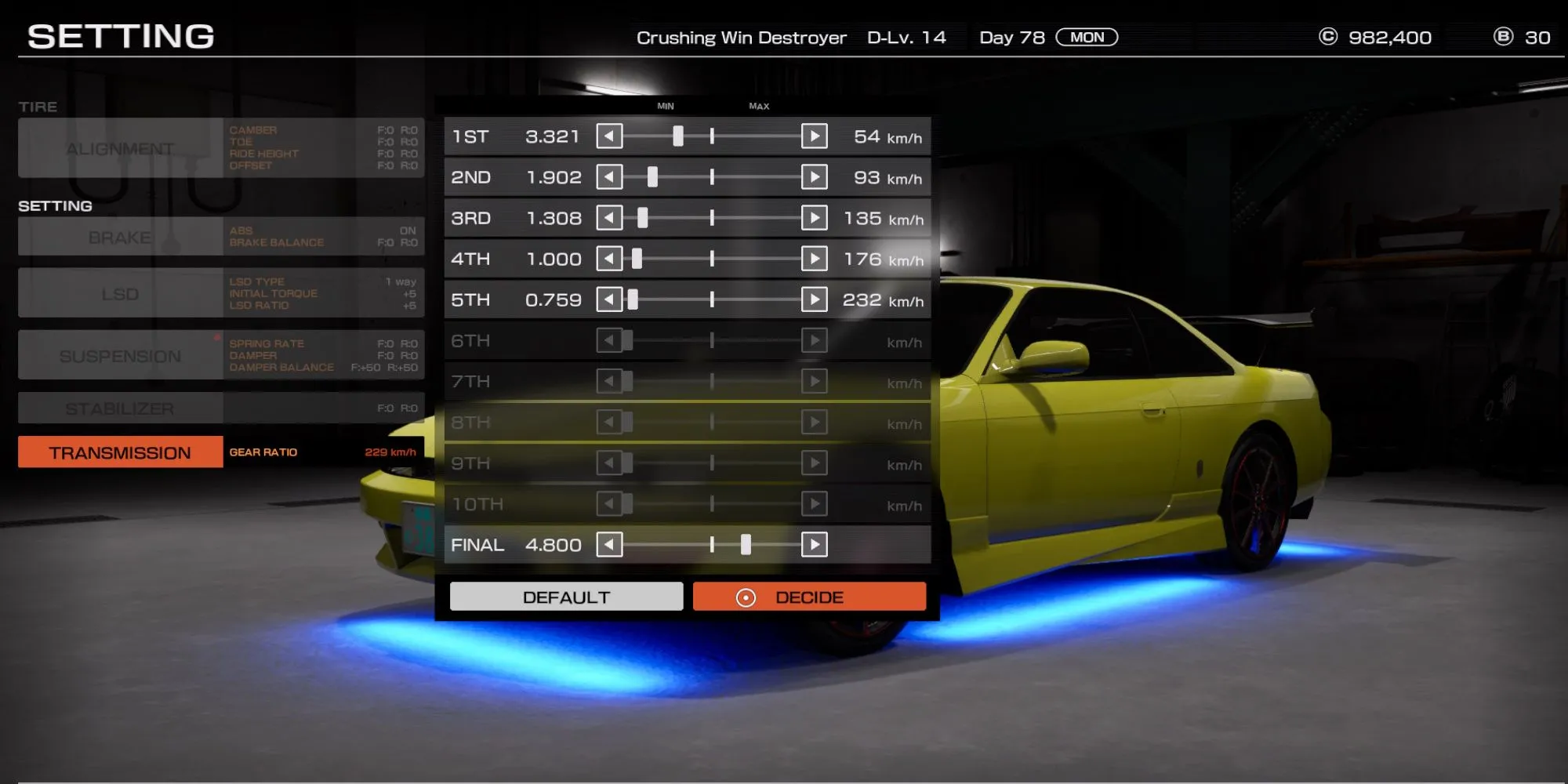 Giao diện tùy chỉnh tỷ số truyền (Transmission Tuning) trong Tokyo Xtreme Racer, minh họa điều chỉnh Tốc độ cuối (Final Drive)