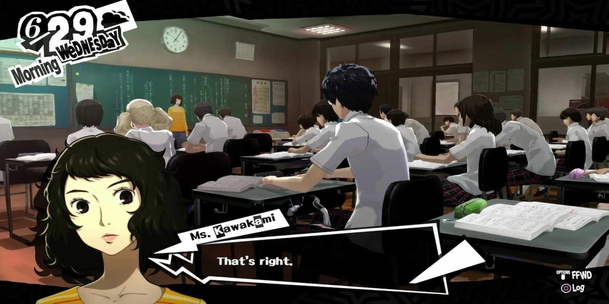 Giáo viên Kawakami đang giảng bài trong lớp học tại Học viện Shujin, Persona 5