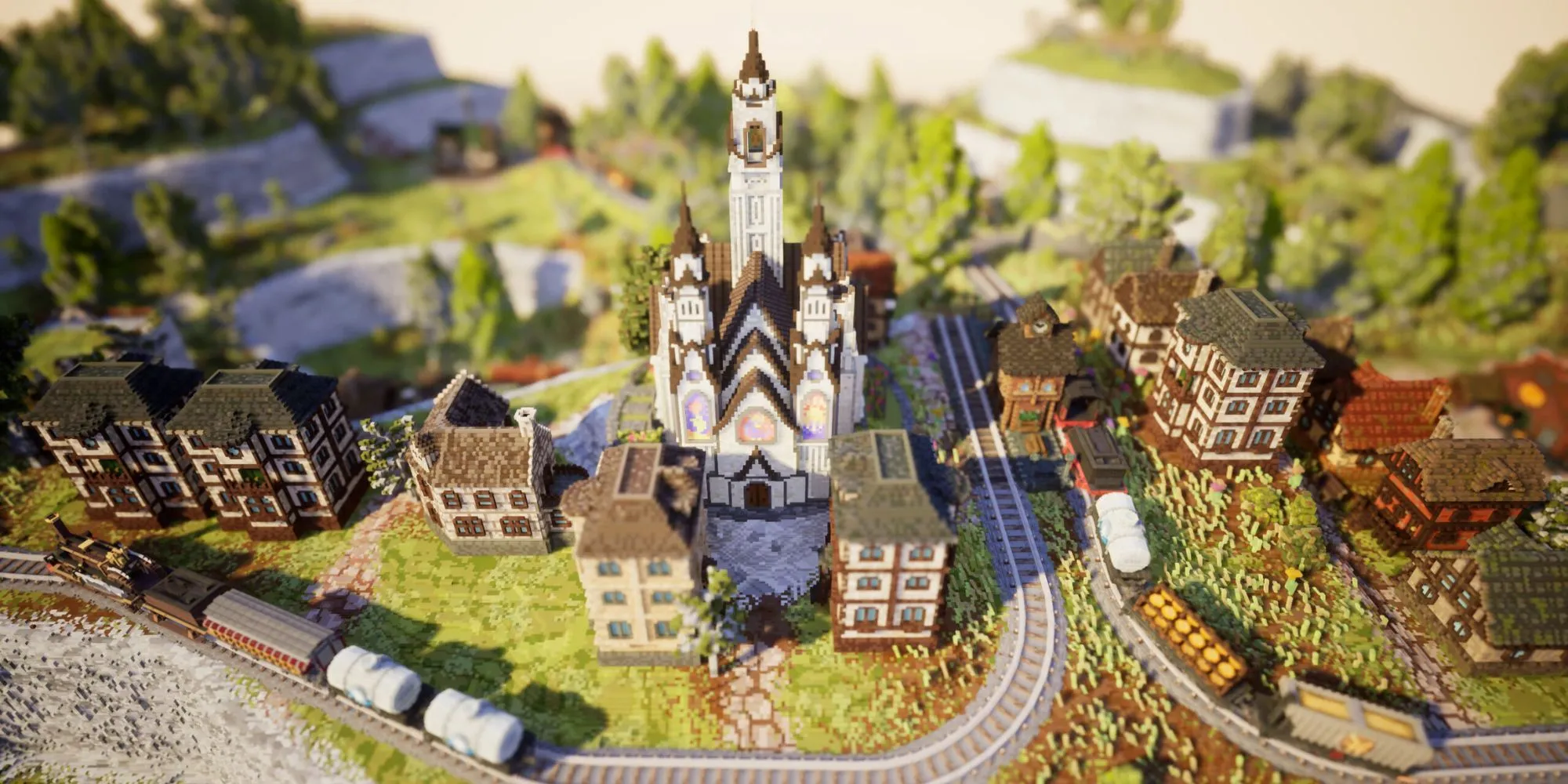 Góc nhìn từ trên xuống một nhà ga xe lửa voxel với nhà thờ lớn
