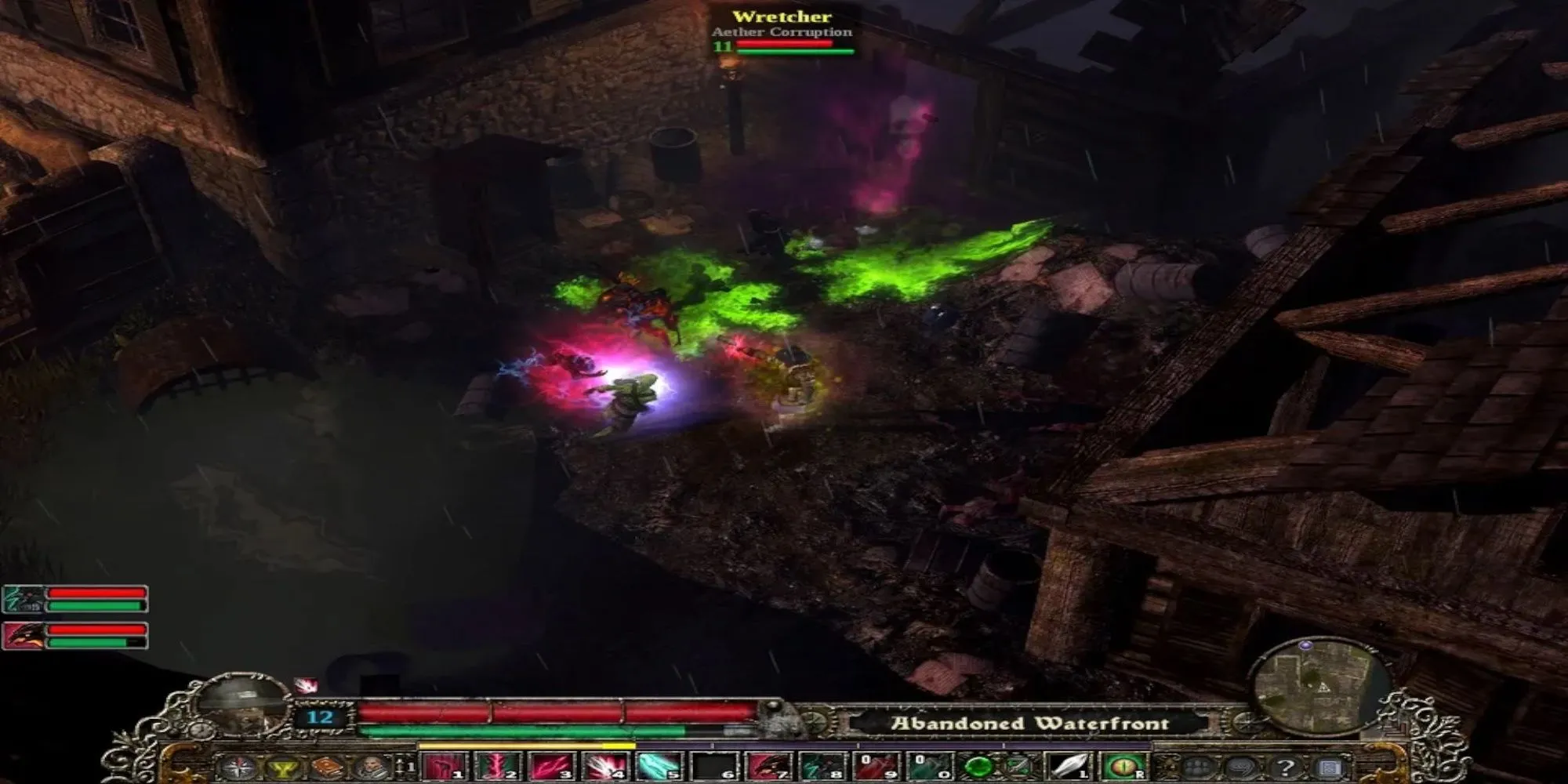 Grim Dawn hiển thị giao diện chọn kỹ năng và hai nhân vật chiến đấu trong môi trường đổ nát