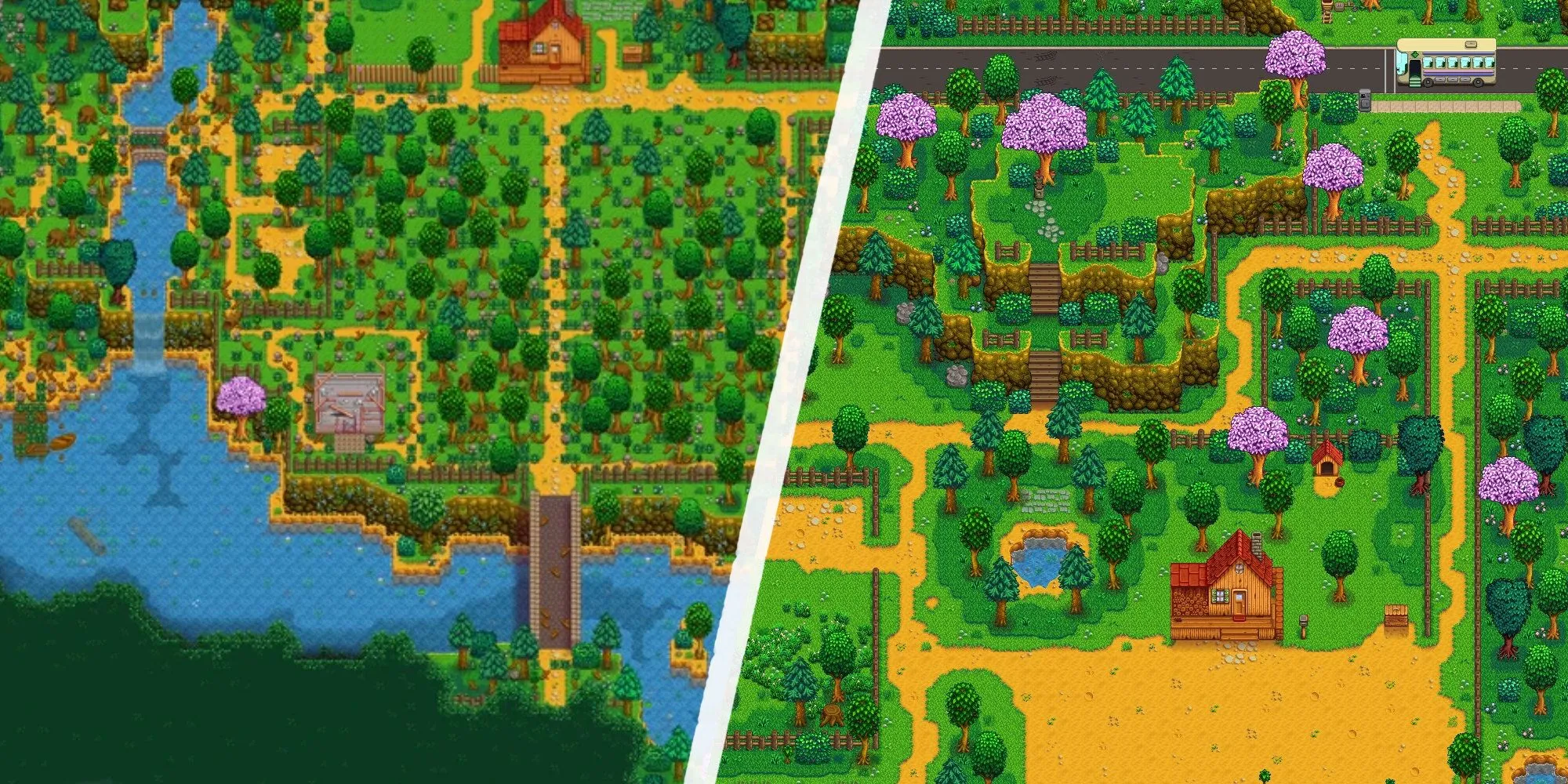 Hai bản đồ nông trại mới trong mod SDV Expanded của Stardew Valley, hiển thị khu vực trồng trọt và địa hình