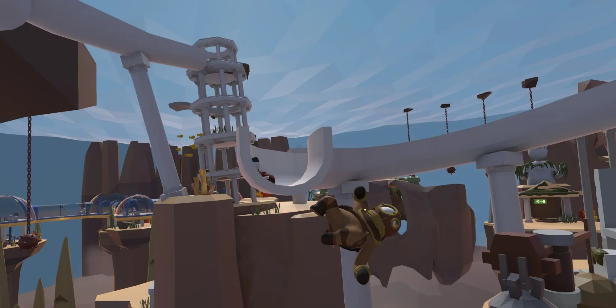 Hai nhân vật hình người mềm mại trong Human: Fall Flat đang cố gắng leo trèo một bức tường, minh họa lối chơi vật lý hài hước và khó khăn.