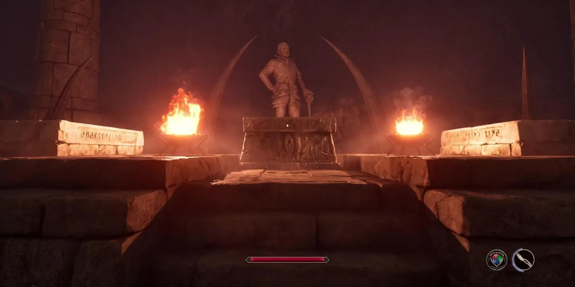 Hai quan tài đá đặt hai bên bàn thờ với bức tượng người đàn ông ở hậu cảnh trong Oblivion Remastered.