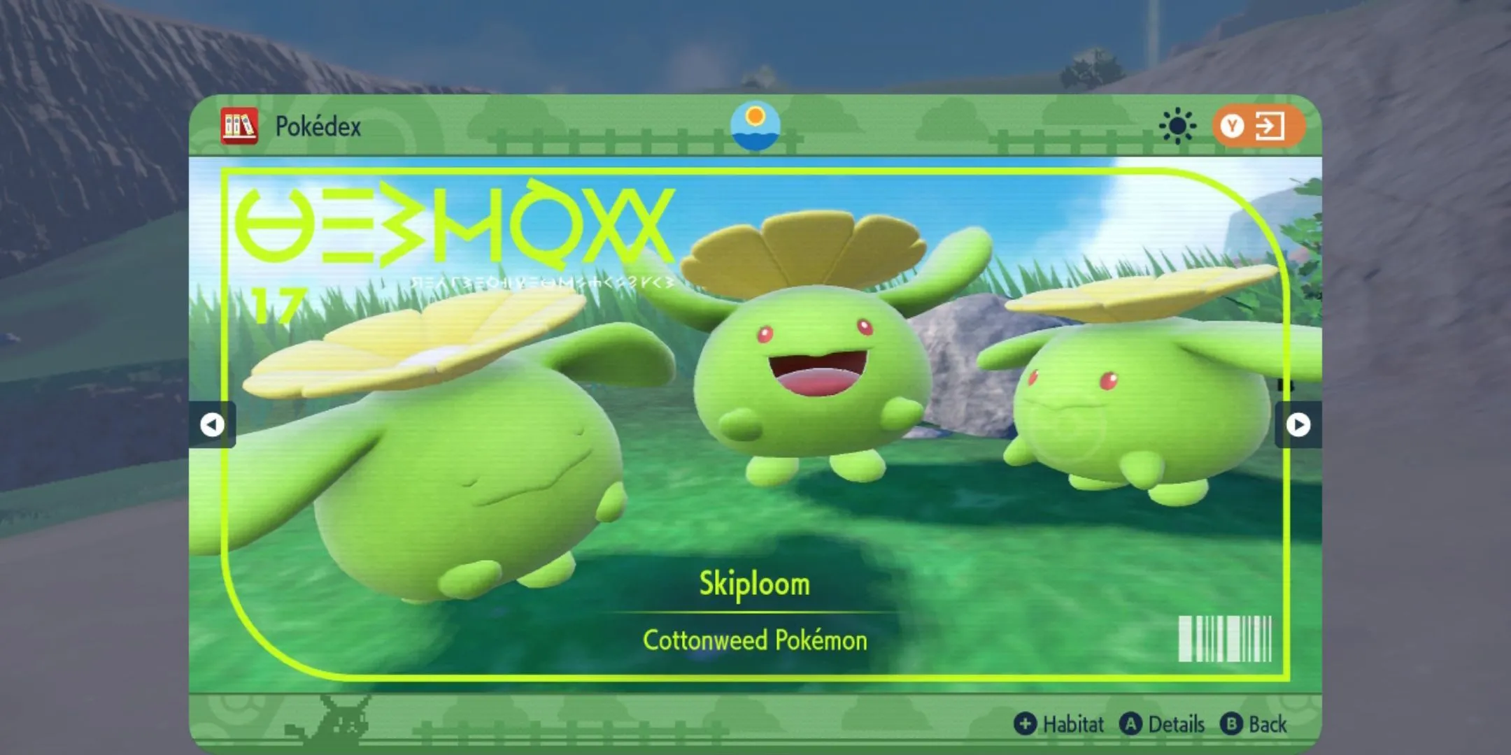 Hệ Skiploom trong Pokémon Scarlet &amp; Violet với hoa vàng trên đầu