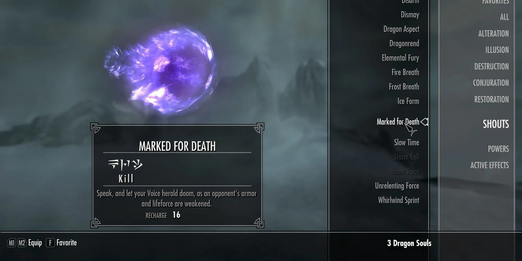 Hiệu ứng giảm giáp của Shout Dấu Ấn Tử Thần (Marked For Death) lên kẻ địch trong Skyrim.
