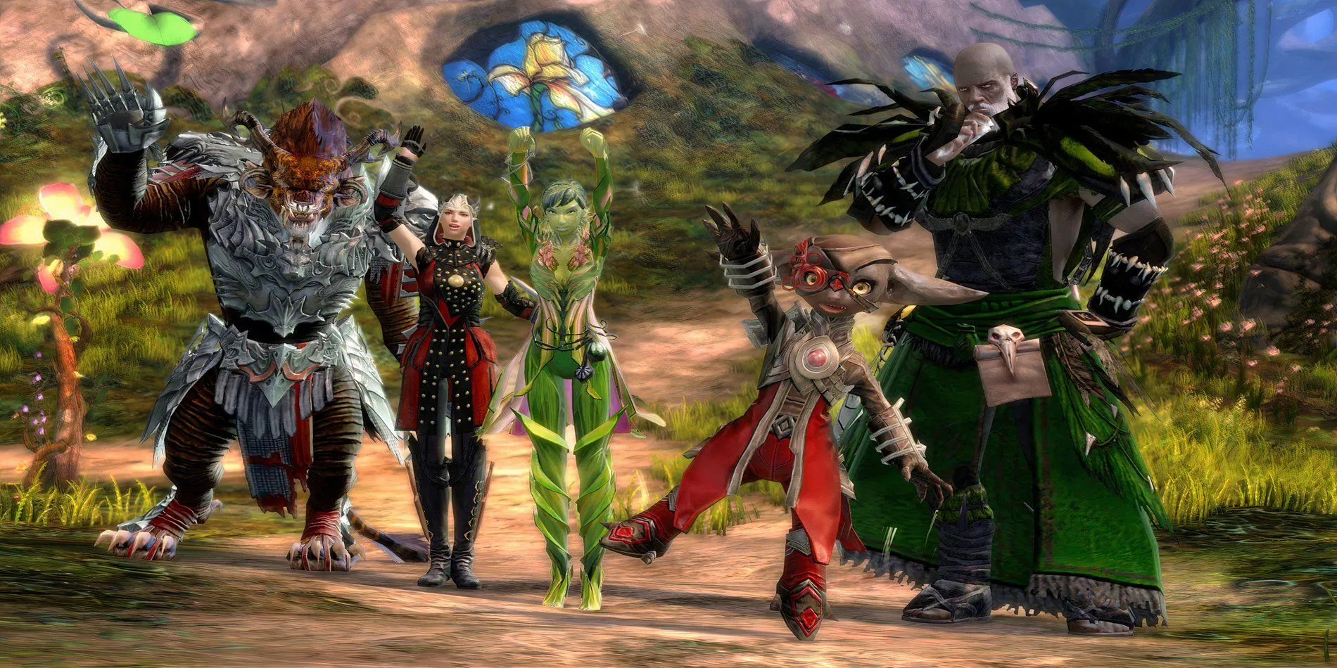 Hình ảnh các nhân vật trong Guild Wars 2 đang đi trên một con đường trong rừng, thể hiện yếu tố khám phá và phiêu lưu