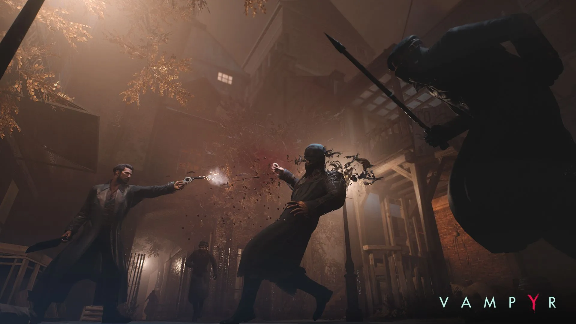 Hình ảnh cận chiến trong game Vampyr, một người đang dùng phép thuật tấn công
