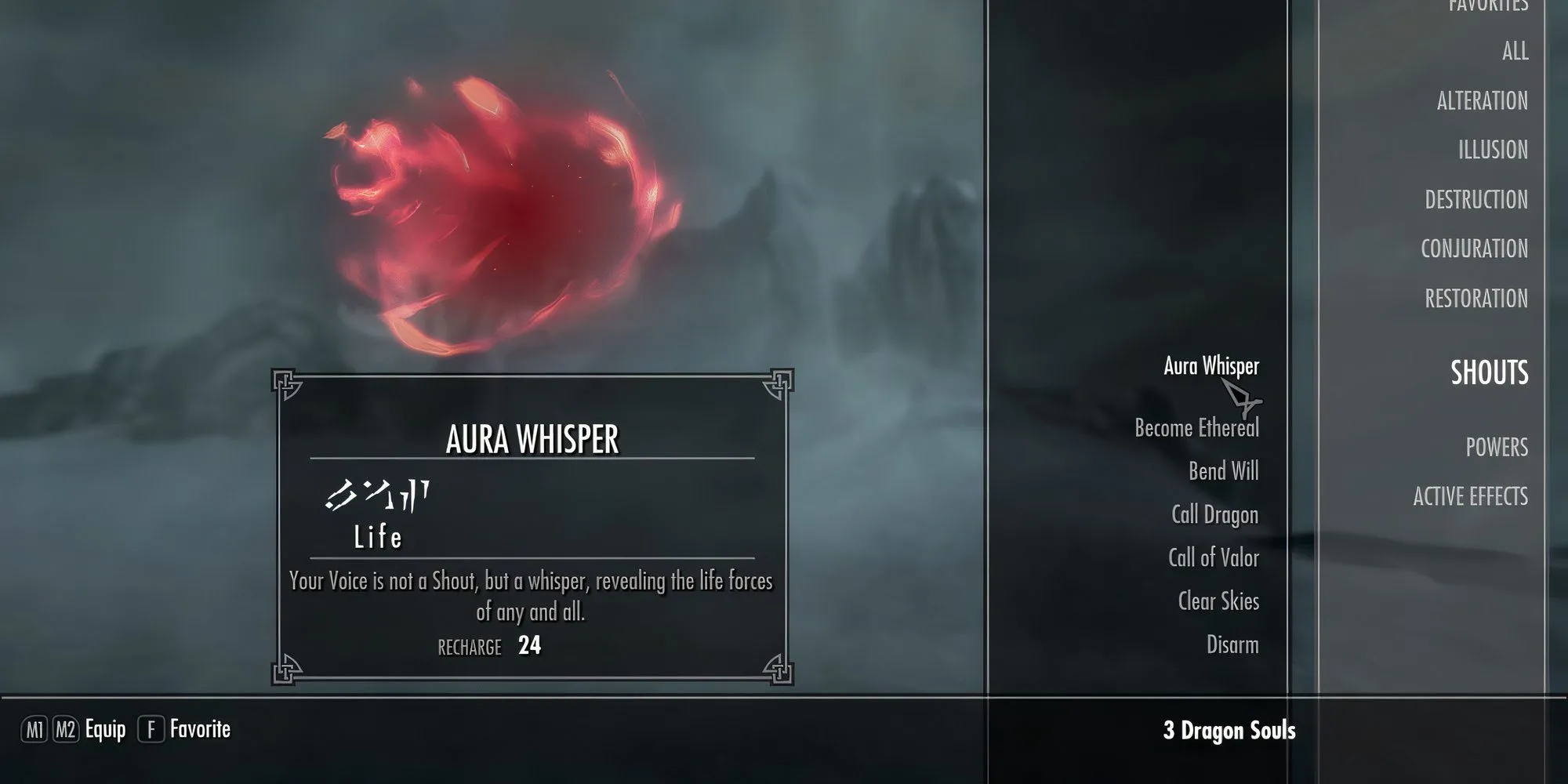 Hình ảnh hiệu ứng soi sáng kẻ địch của Shout Hơi Thở Thầm Lặng (Aura Whisper) trong Skyrim.