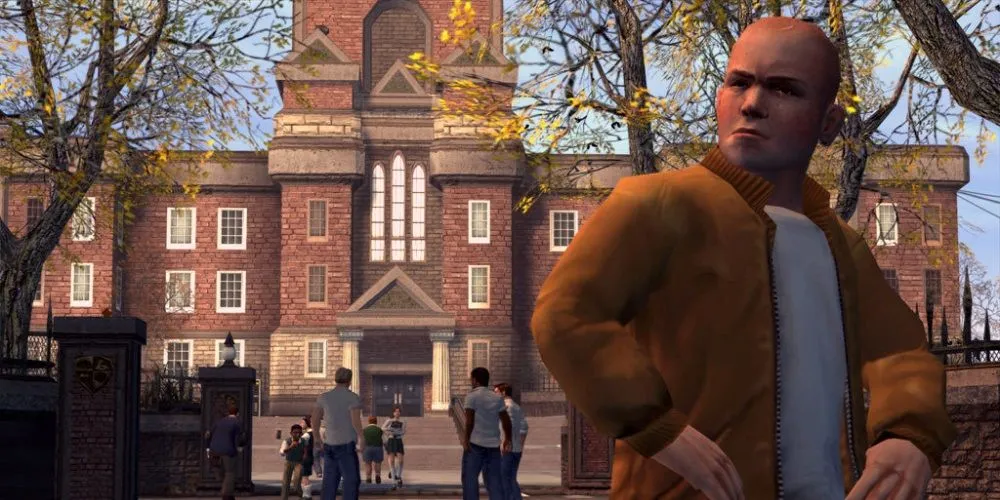 Hình ảnh Jimmy Hopkins đứng trước cổng Bullworth Academy trong game Bully