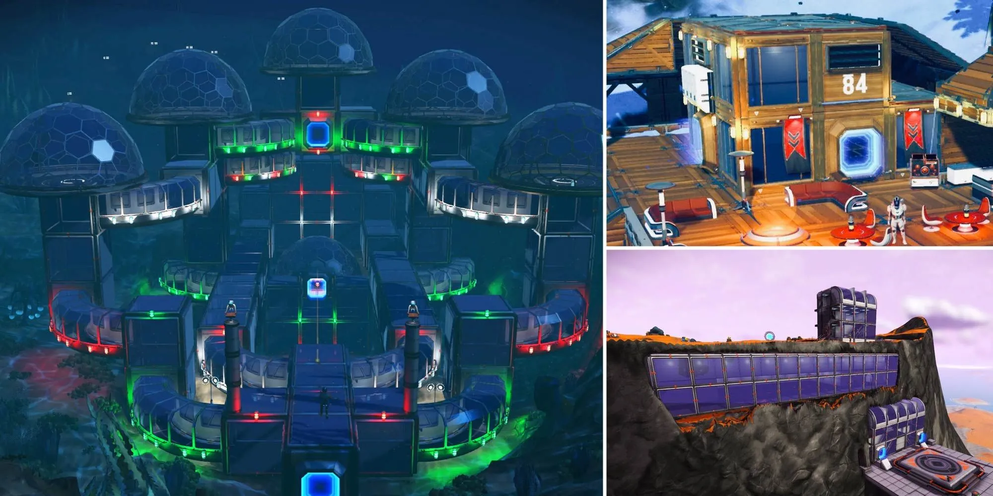 Hình ảnh minh họa một số ý tưởng xây dựng căn cứ trong No Man's Sky, nơi môi trường và sinh vật AI tạo ra những thử thách và cơ hội độc đáo.