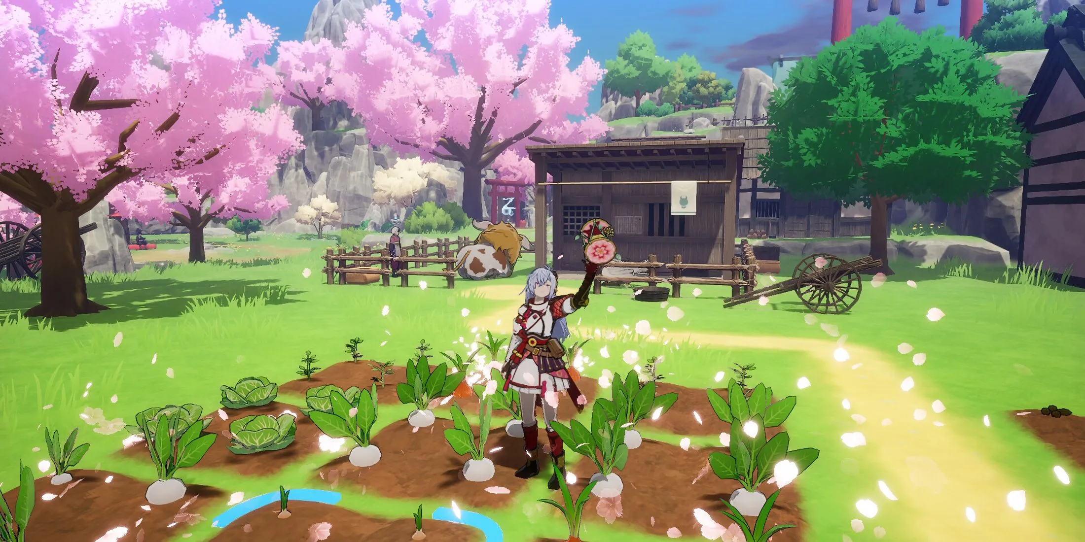 Hình ảnh người chơi làm nông trong Rune Factory: Guardians Of Azuma, một hoạt động cốt lõi của series.