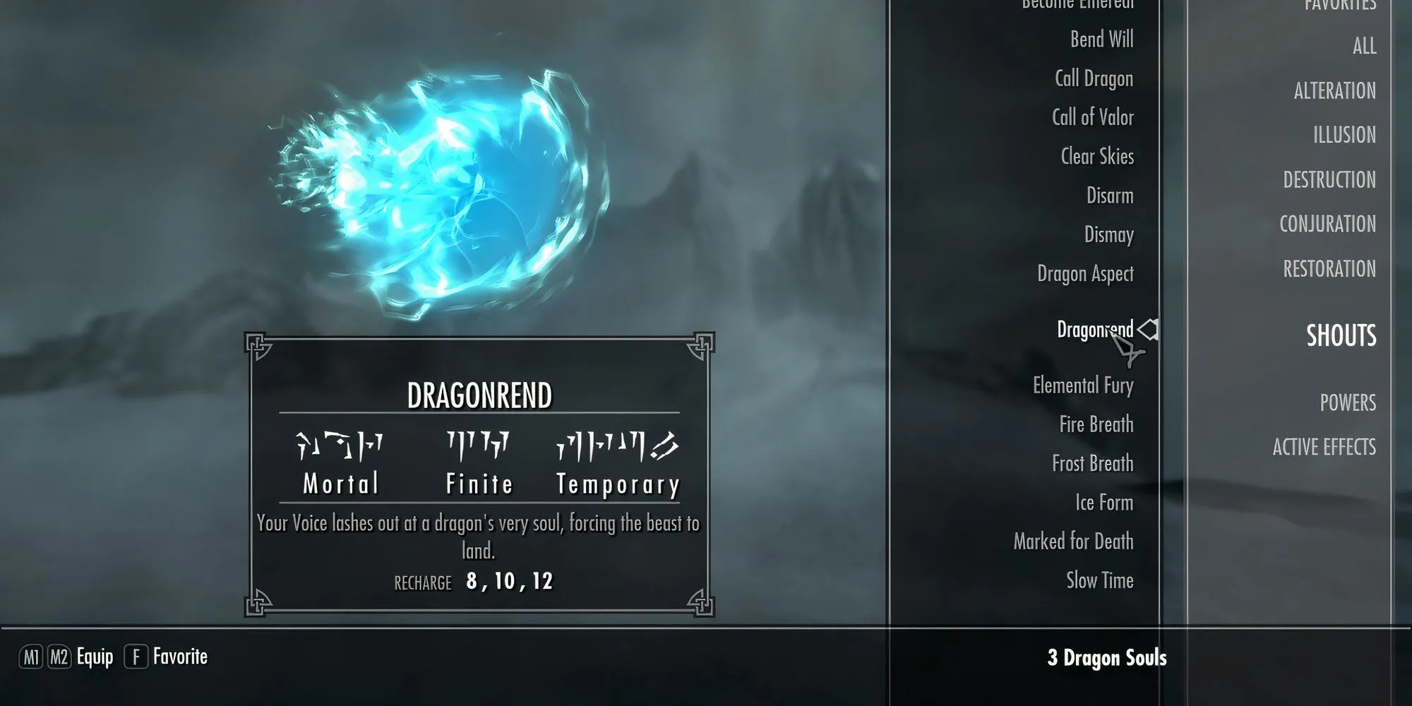 Hình ảnh người chơi sử dụng Shout Bắt Rồng (Dragonrend) lên một con Rồng trong Skyrim.